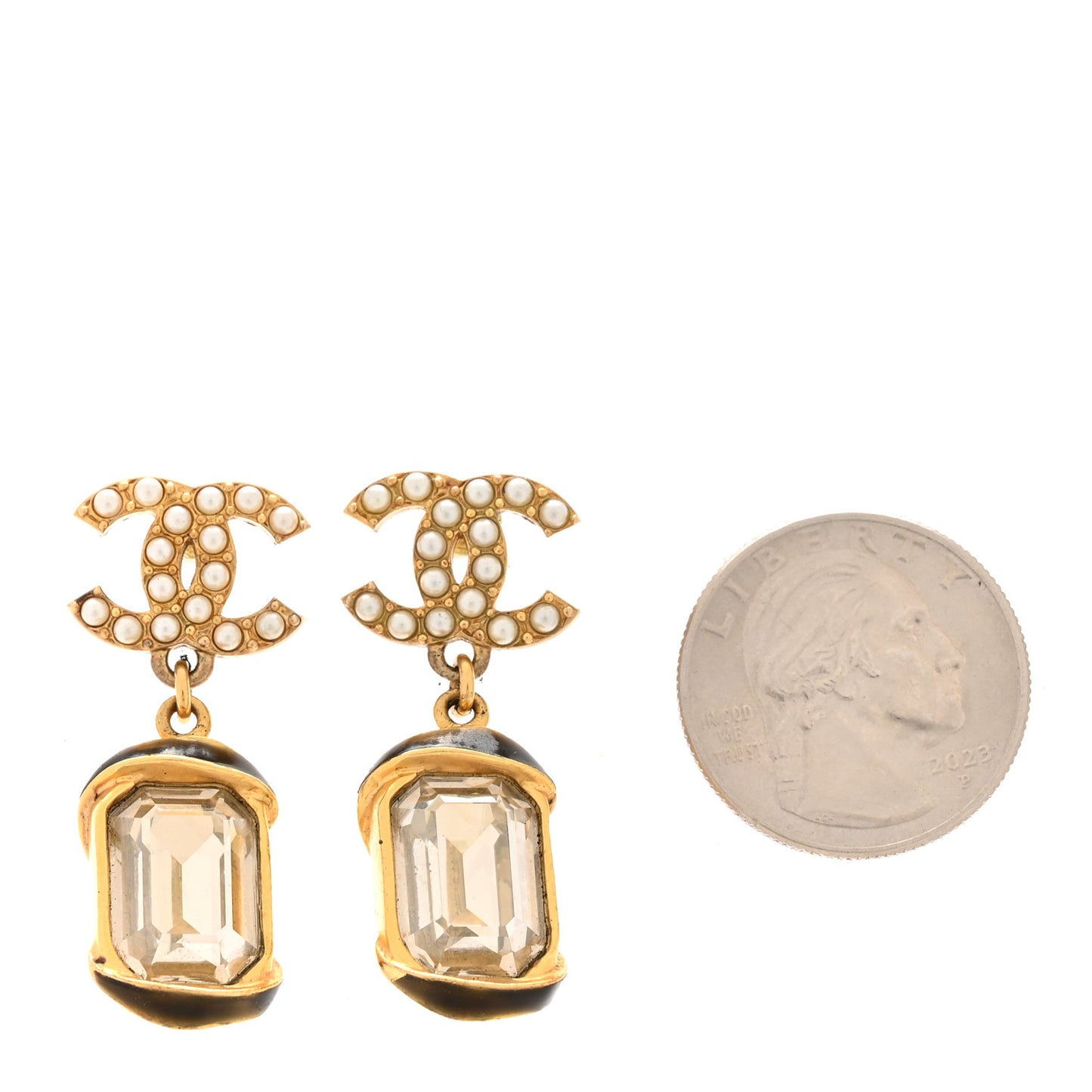 Crystal Pearl CC Drop Earrings Gold White