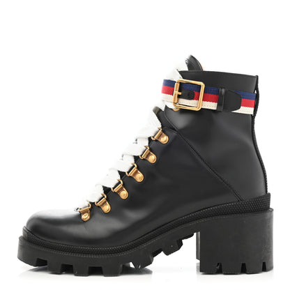 Gucci Calfskin Sylvie Web Lace Up Combat Boots 36.5 Black 1 of 18