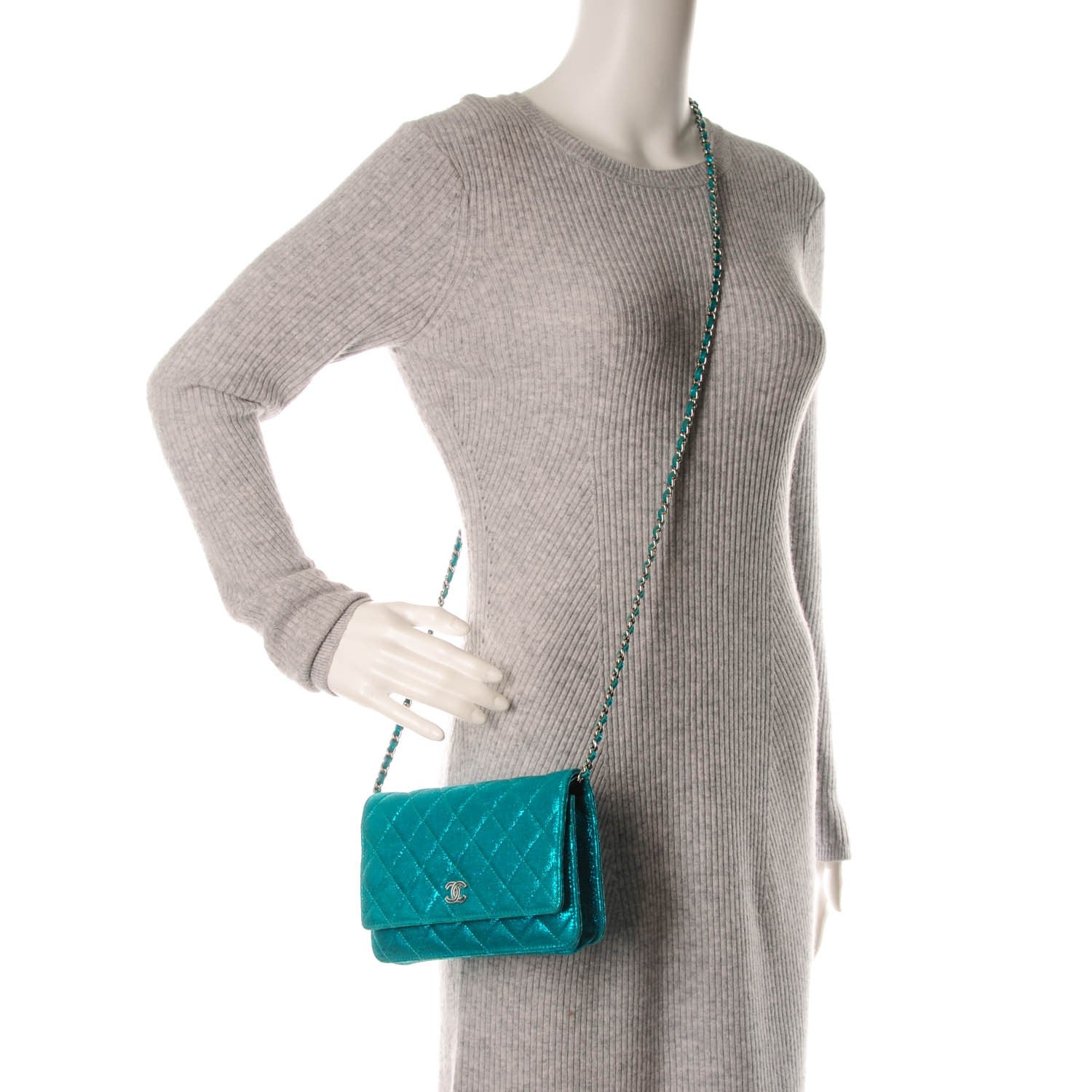 Chanel Metallic Calfskin Wallet on Chain WOC Turquoise 2 of 8