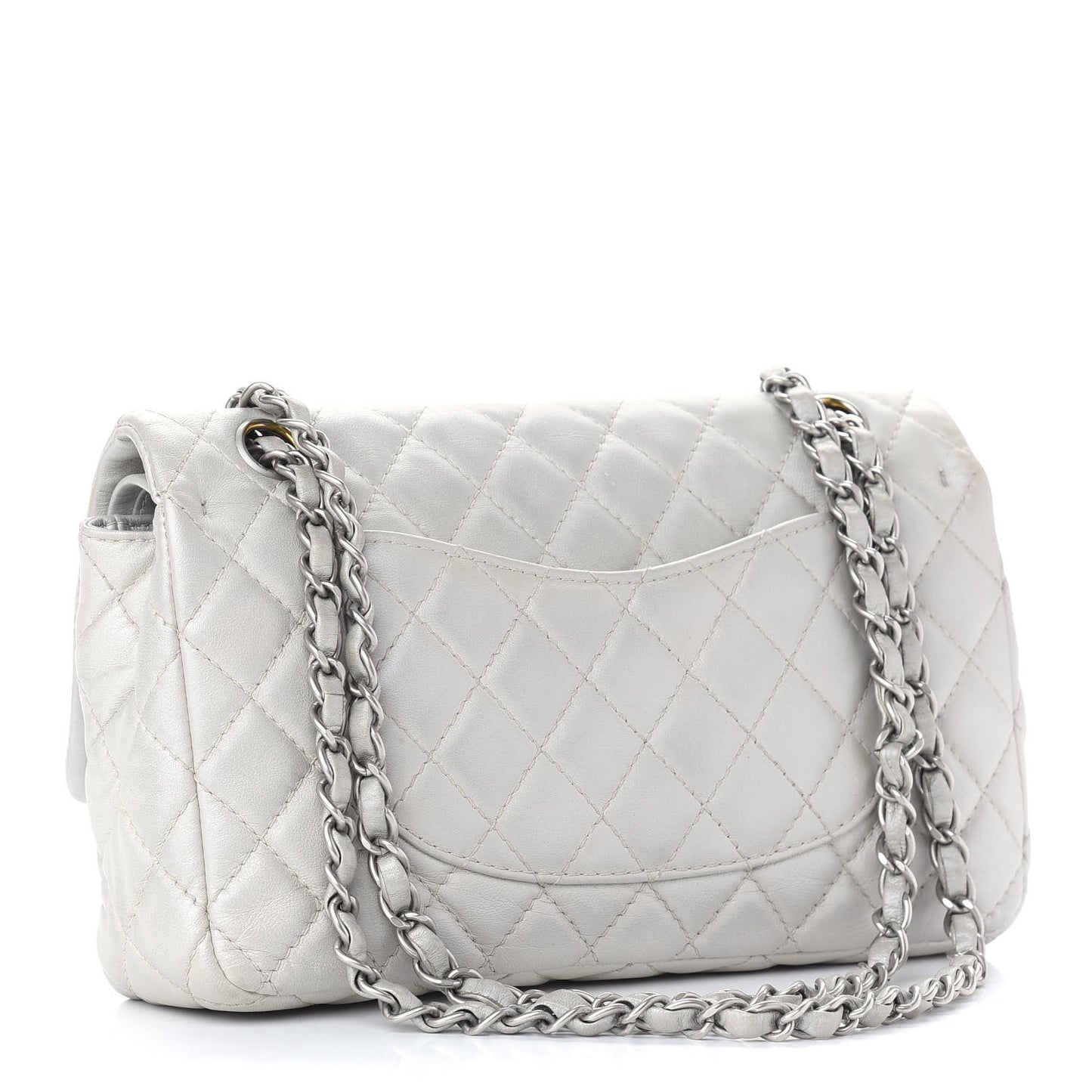 Metallic Lambskin Quilted Medium Double Flap Silver