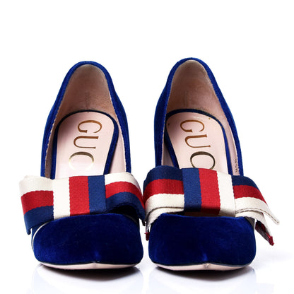 Gucci Velvet Removable Web Bow Pumps 35 Cobalt 2 of 9
