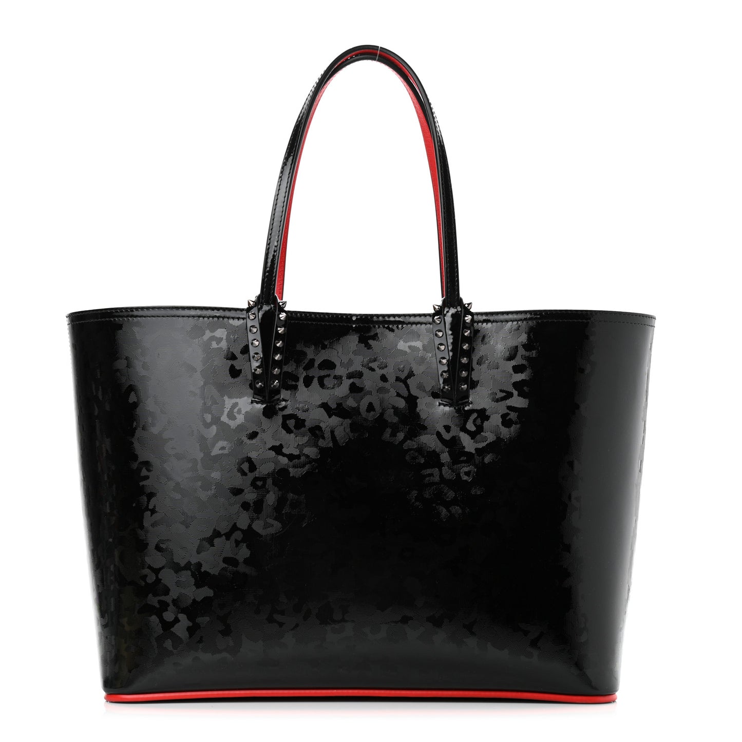 Patent Calfskin Print Leopard Print Spikes East West Cabata Tote Black