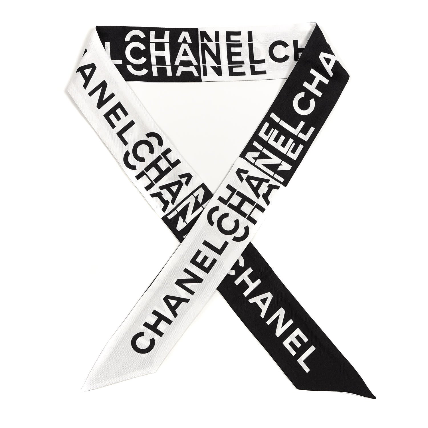 Chanel Silk Logo Slim Bandeau Scarf Black White 1 of 4