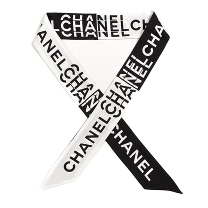 Chanel Silk Logo Slim Bandeau Scarf Black White 1 of 4