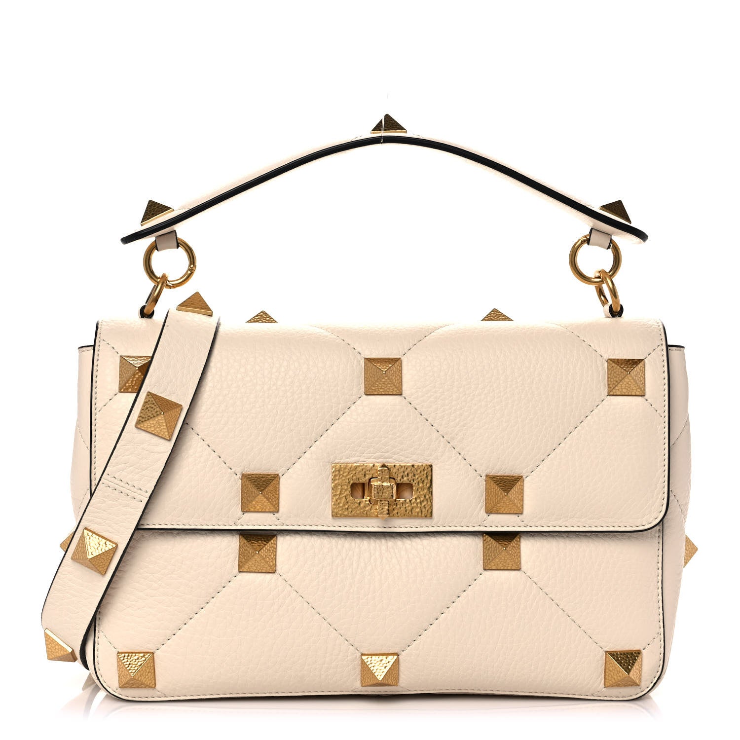 Valentino Garavani Grained Calfskin Large Roman Stud Shoulder Bag Light Ivory 1 of 12