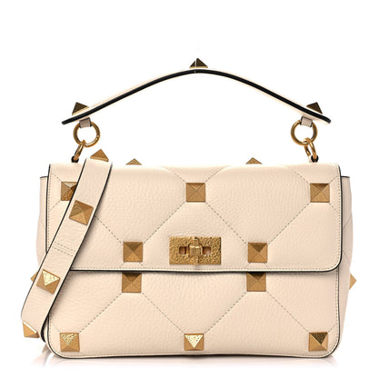 Valentino Garavani Grained Calfskin Large Roman Stud Shoulder Bag Light Ivory 1 of 12