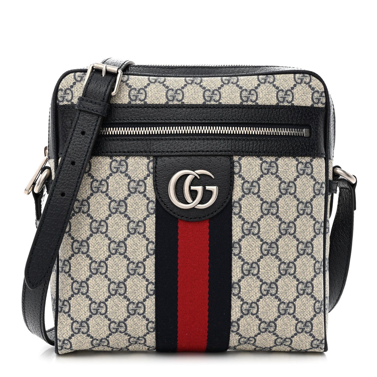GG Supreme Monogram Textured Dollar Calfskin Web Small Ophidia Messenger Bag Beige Blue