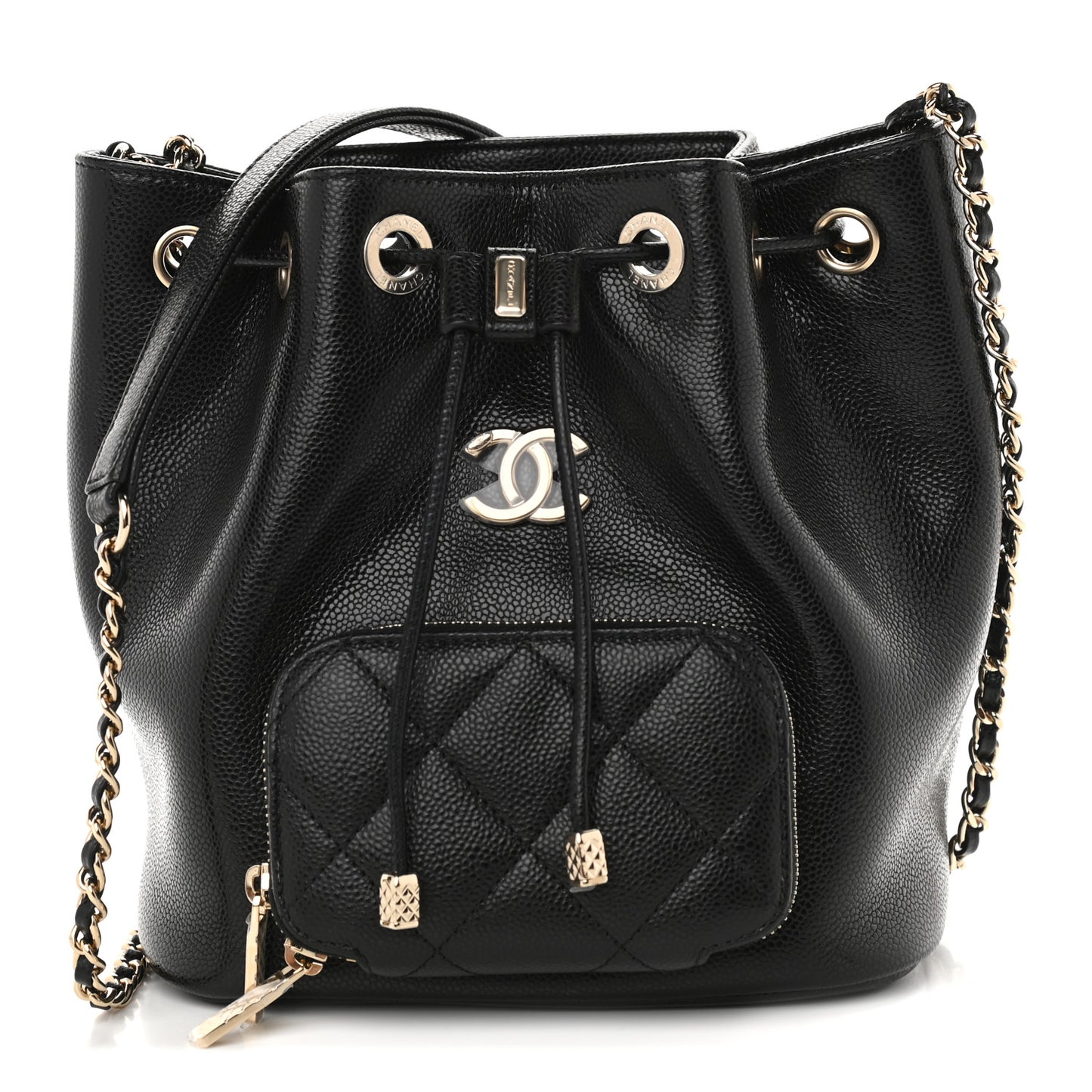 Caviar Quilted CC Pocket Bucket Bag Black