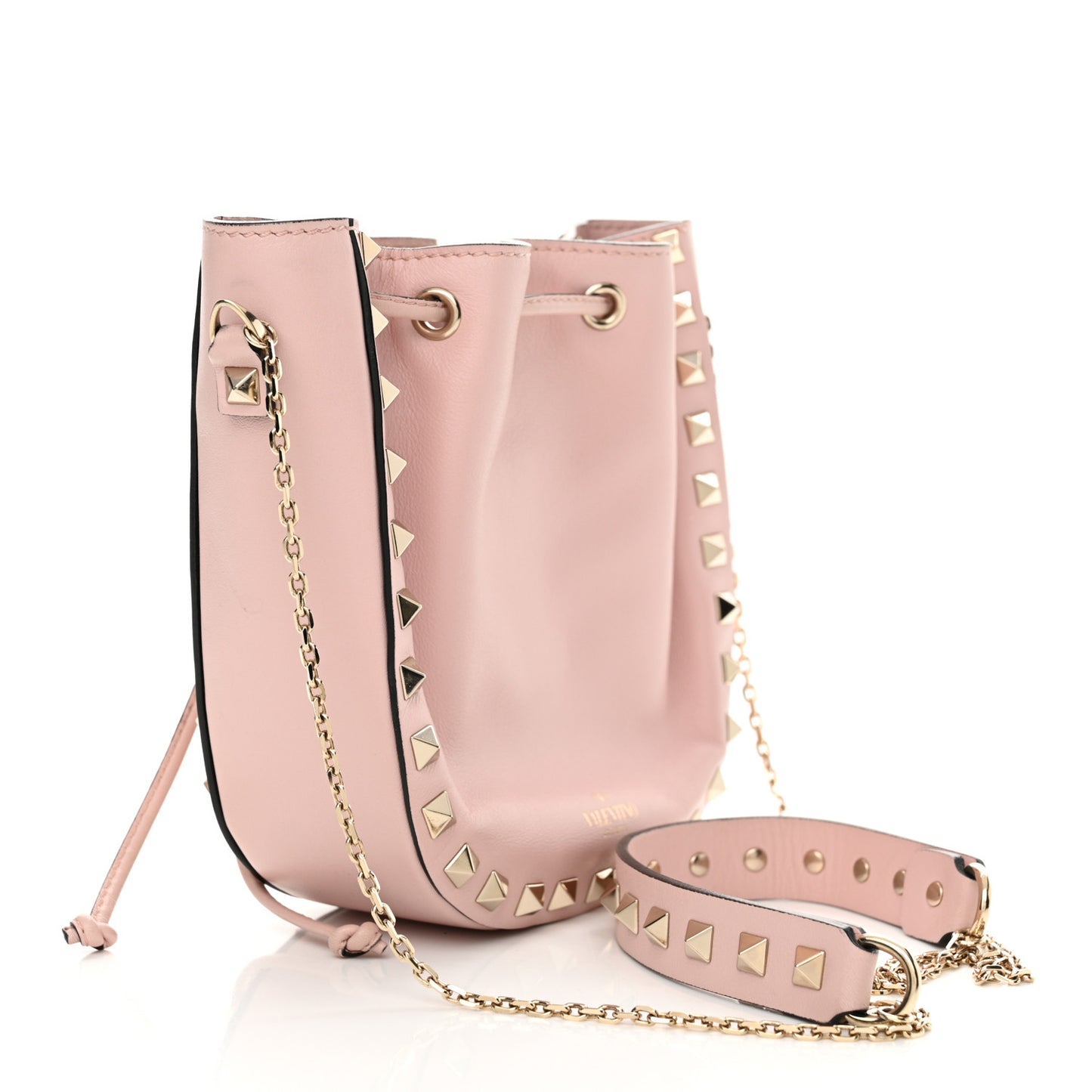 Vitello Mini Rockstud Chain Strap Bucket Bag Water Rose