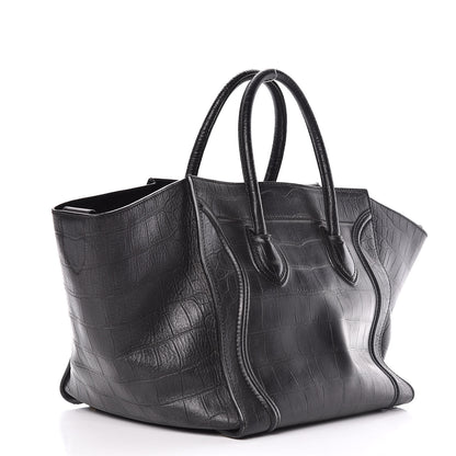 Celine Crocodile Embossed Calfskin Medium Phantom Luggage Black 3 of 17