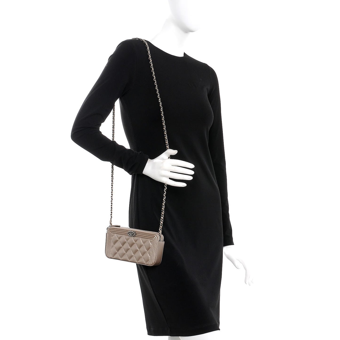 Metallic Caviar Quilted Small Boy Clutch With Chain Copper
