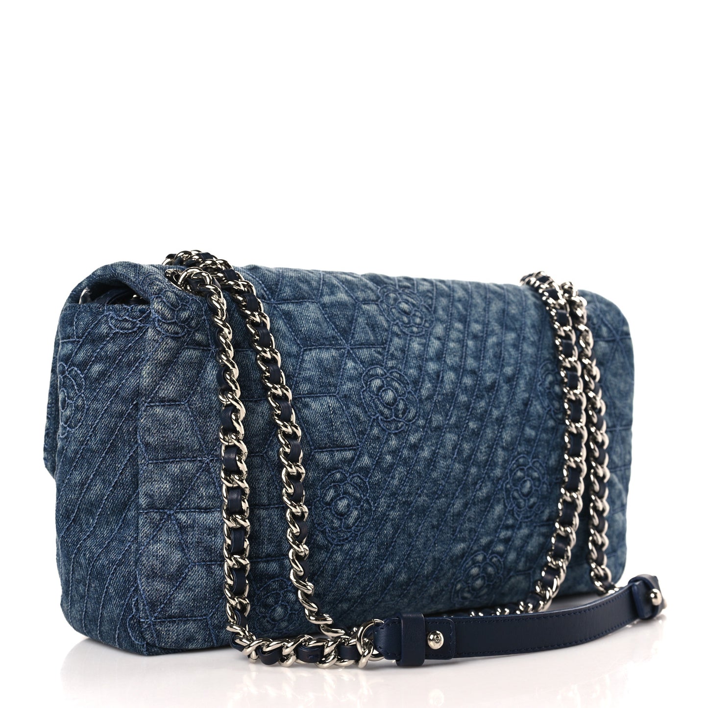 Denim Camellia Embroidered Large Flap Blue