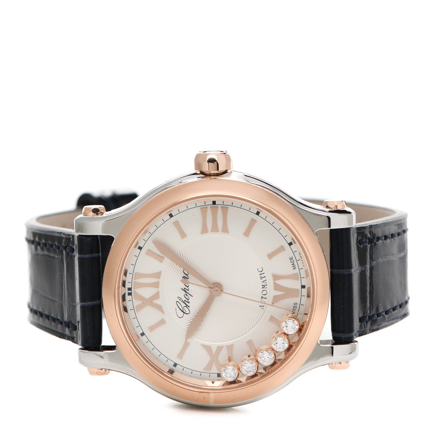 Chopard Stainless Steel 18K Rose Gold Alligator 5 Diamond 33mm Happy Sport Automatic Watch 2 of 6