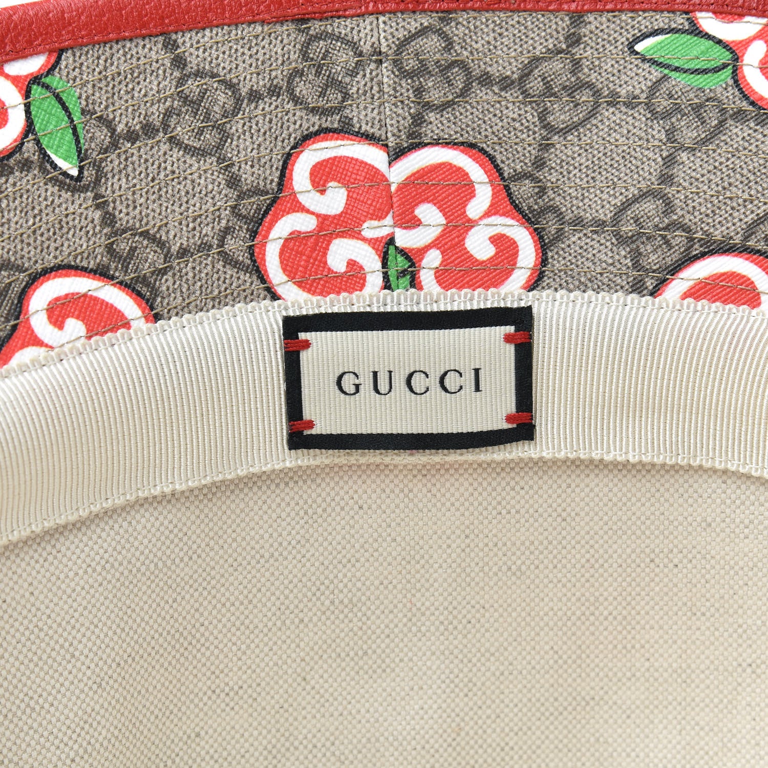 Gucci GG Supreme Monogram Apple Textured Dollar Calfskin Retro Interlocking G Fedora Pomme Bucket Hat L Beige Ebony Red 7 of 7