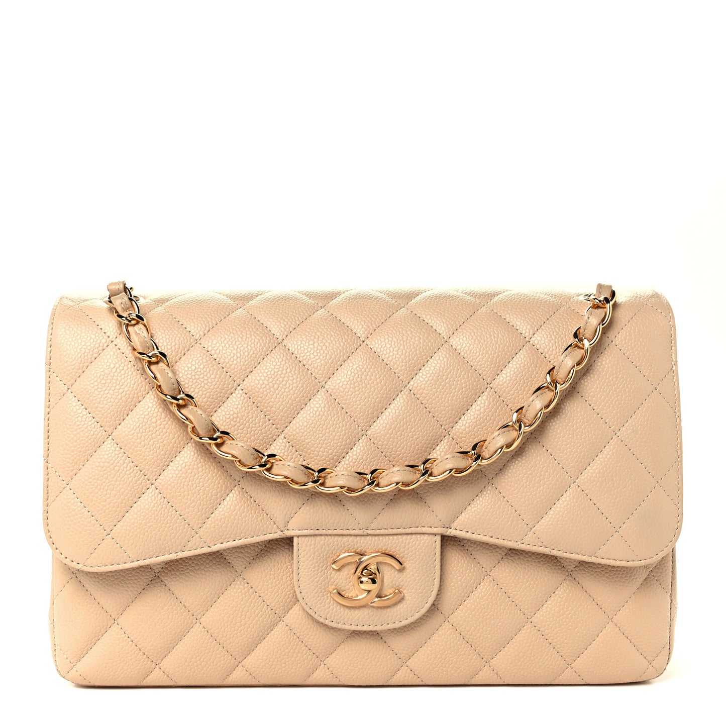 Caviar Quilted Jumbo Double Flap Beige Clair