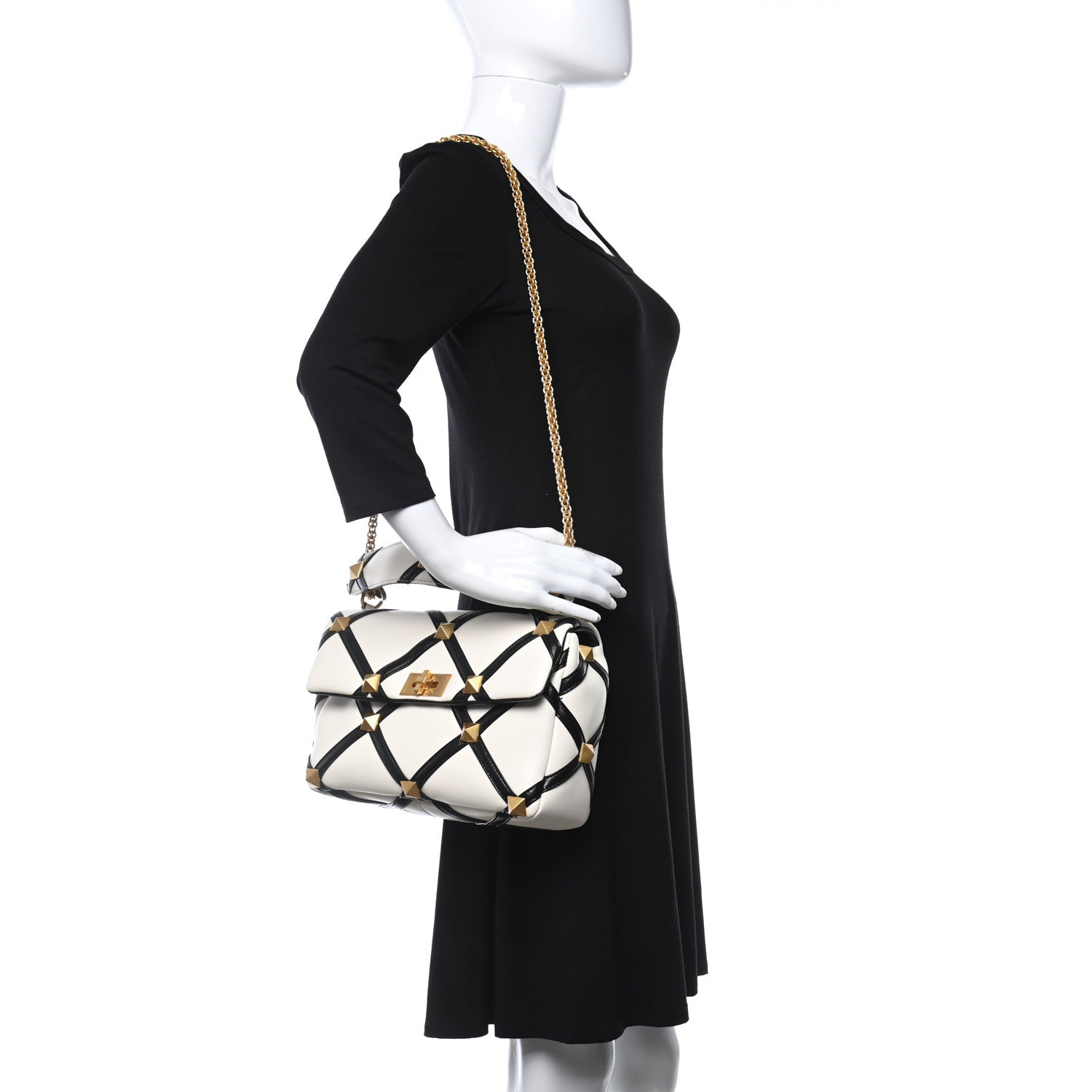 Valentino Garavani Nappa Large Roman Stud Shoulder Bag Ivory Black 2 of 10