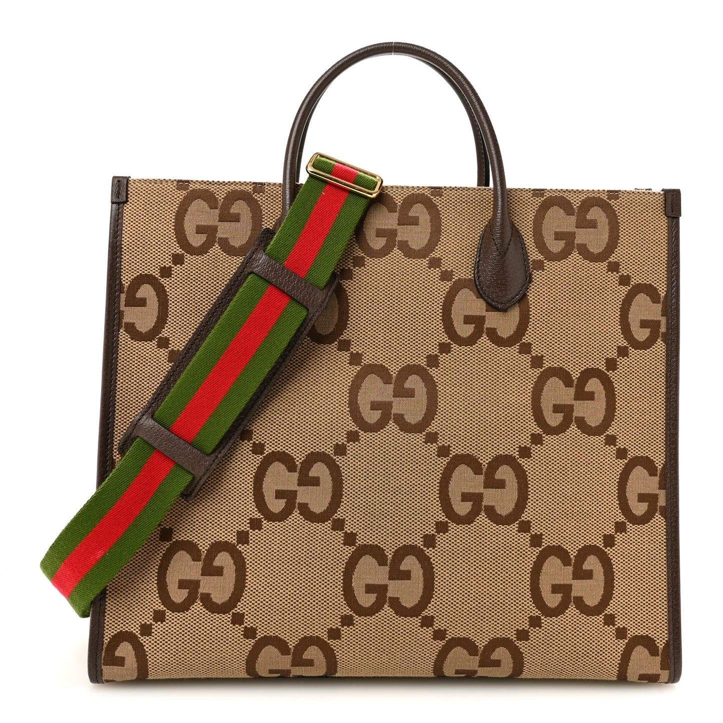 Monogram Jumbo GG Textured Dollar Calfskin Web Tote Bag Camel Ebony New Acero