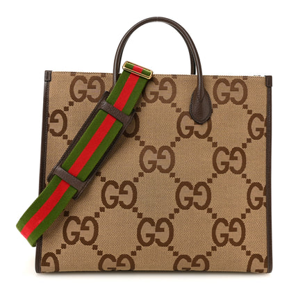 Gucci Monogram Jumbo GG Textured Dollar Calfskin Web Tote Bag Camel Ebony New Acero 1 of 13
