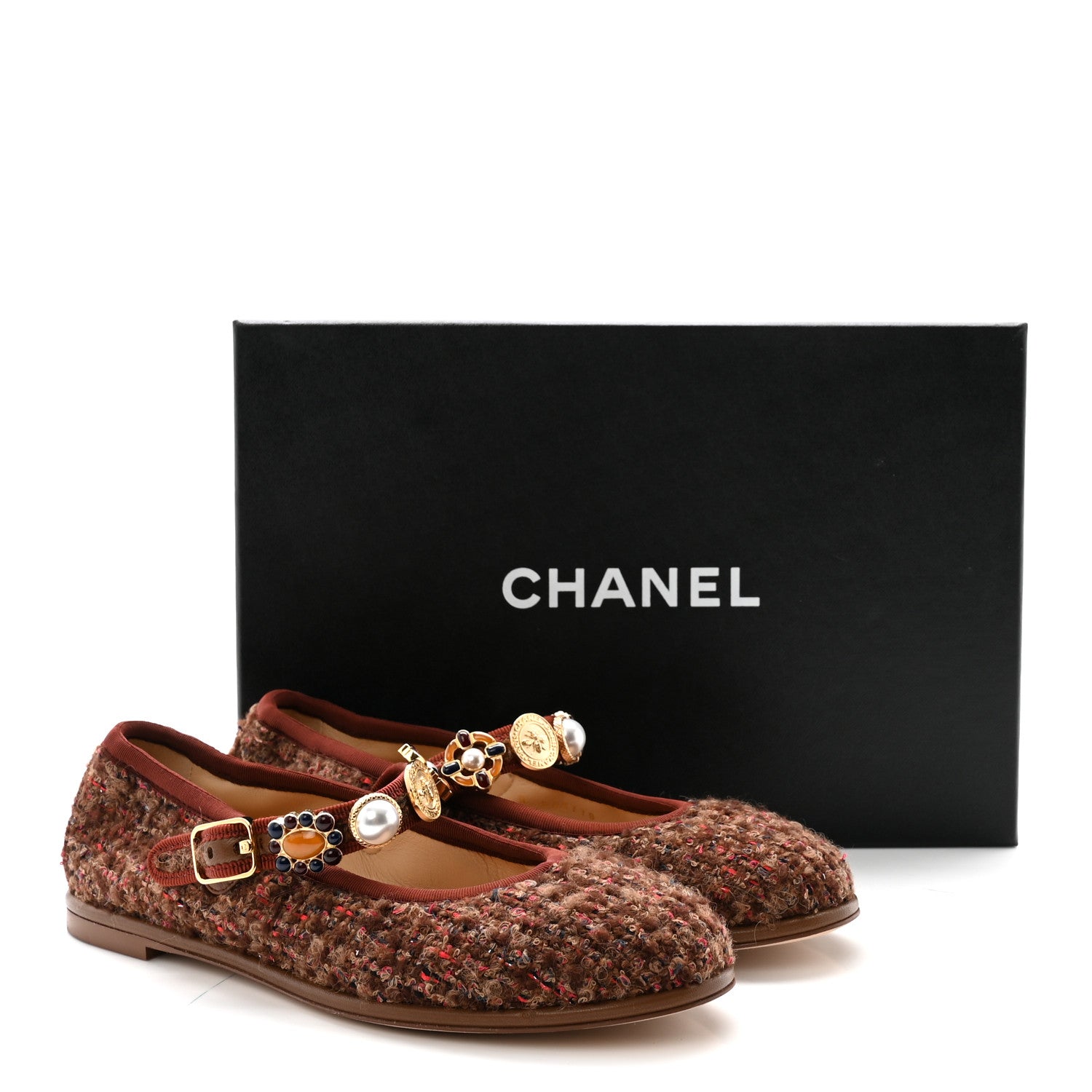 Chanel Wool Tweed Mary Jane Flats 37 Brown Red Dark Blue 10 of 10
