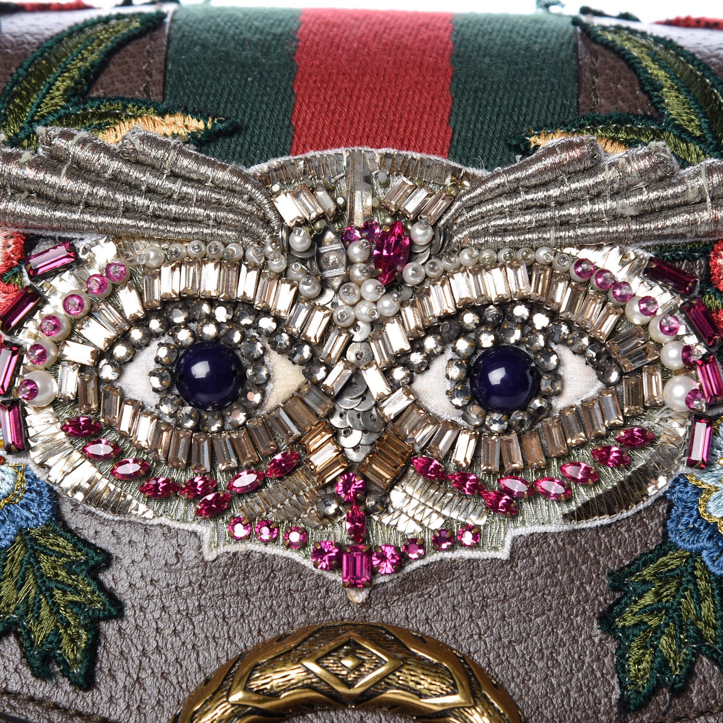 Calfskin Web Owl Embroidered Medium Dionysus Shoulder Bag New Acero Multicolor