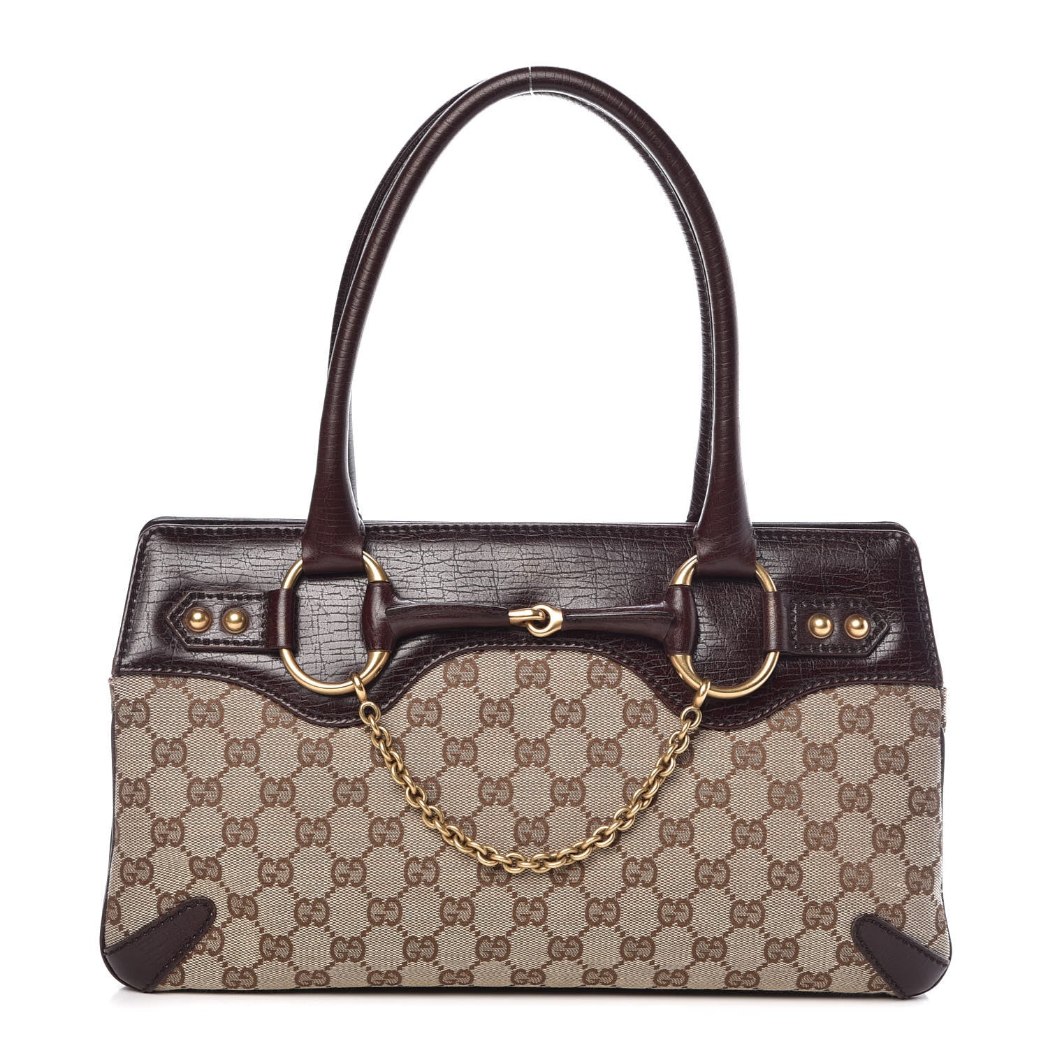 Gucci Monogram Horsebit Chain Shoulder Bag Brown 1 of 15