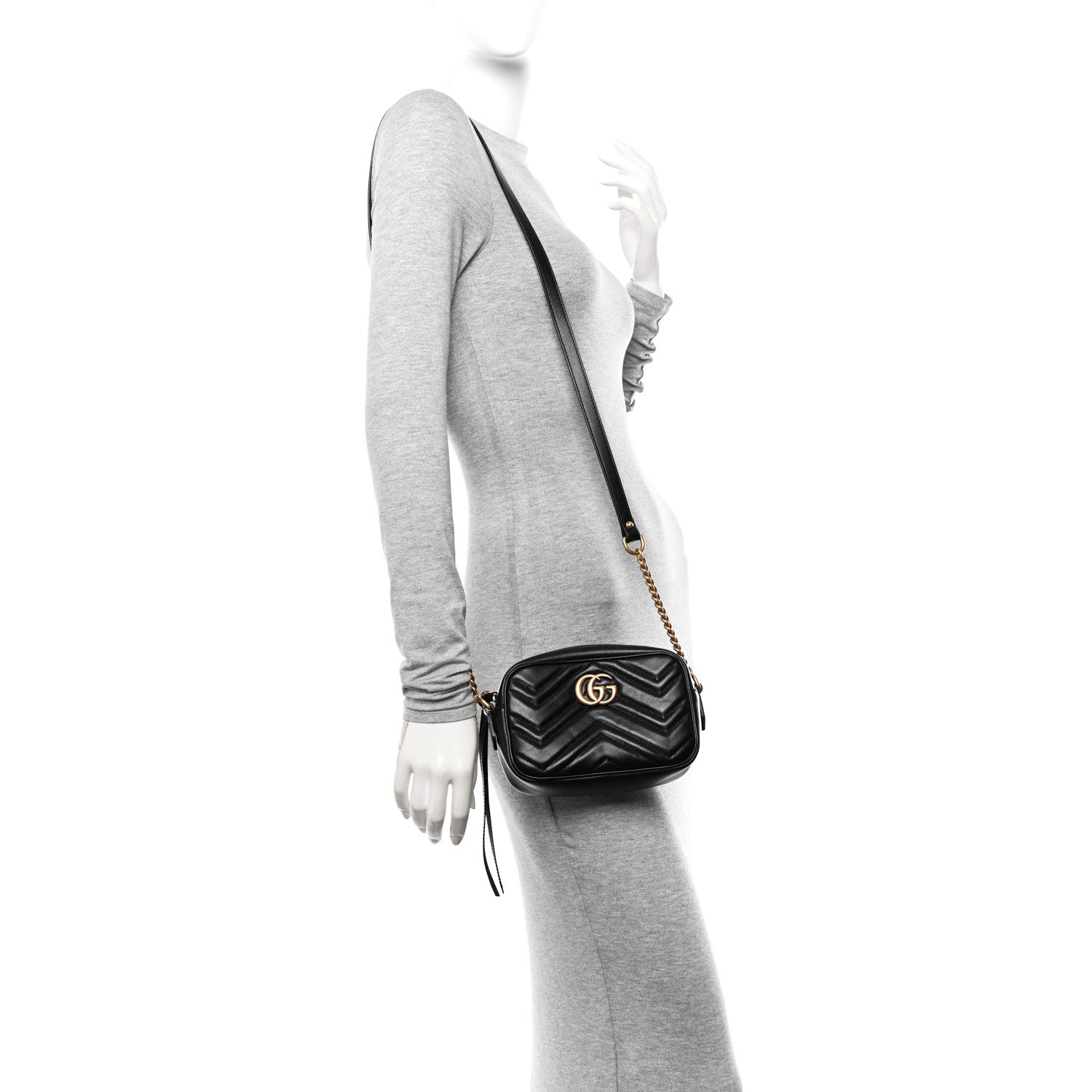 Gucci Calfskin Matelasse Mini GG Marmont Chain Shoulder Bag Black 2 of 10