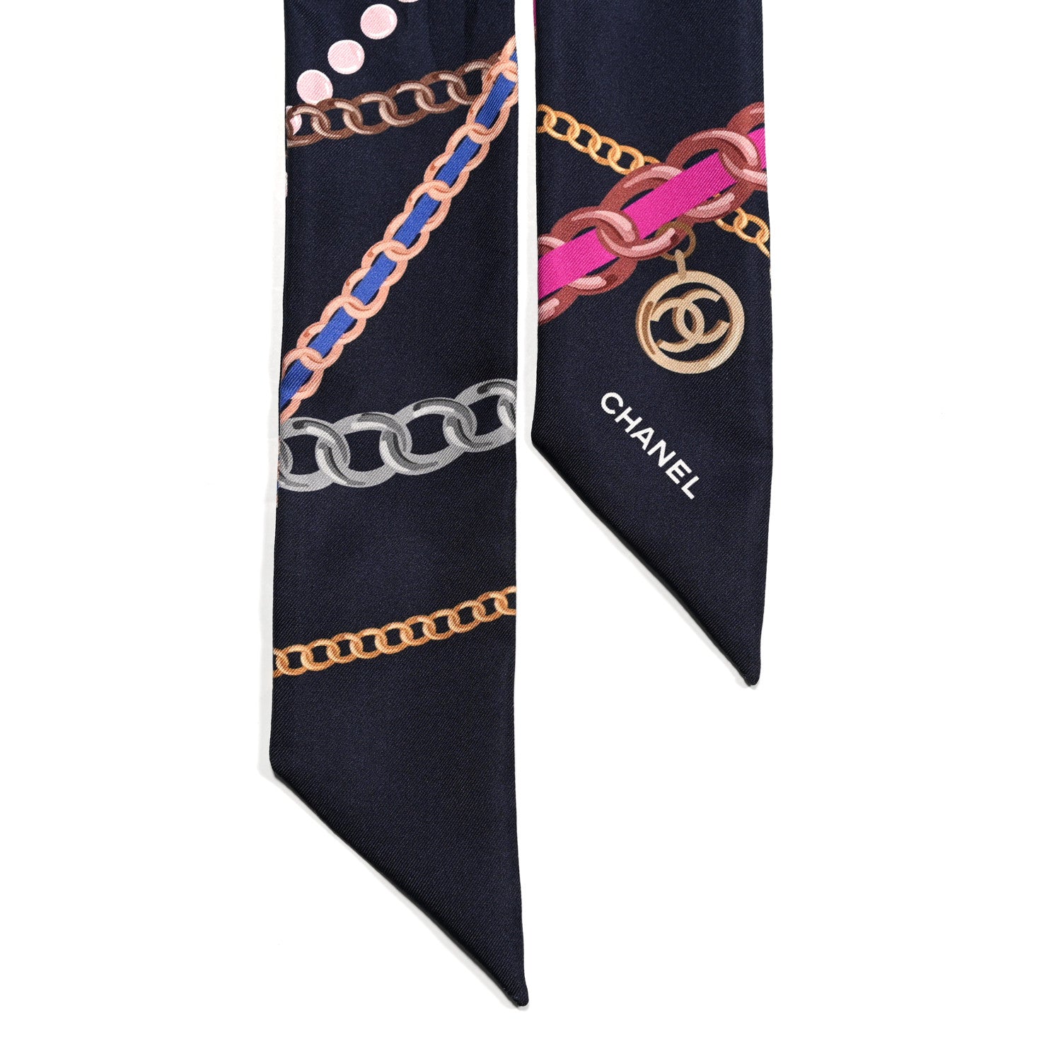 Chanel Silk Pearl CC Chain Slim Bandeau Scarf Navy Blue 2 of 3