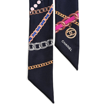 Chanel Silk Pearl CC Chain Slim Bandeau Scarf Navy Blue 2 of 3