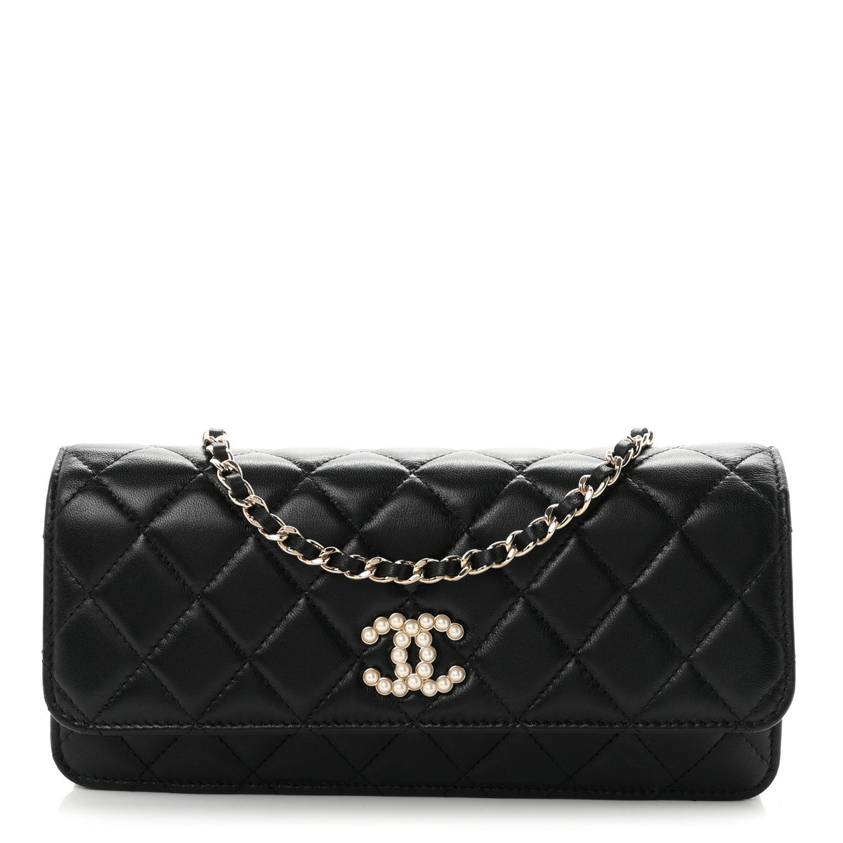 Lambskin Quilted Pearl CC Flap Clutch Black