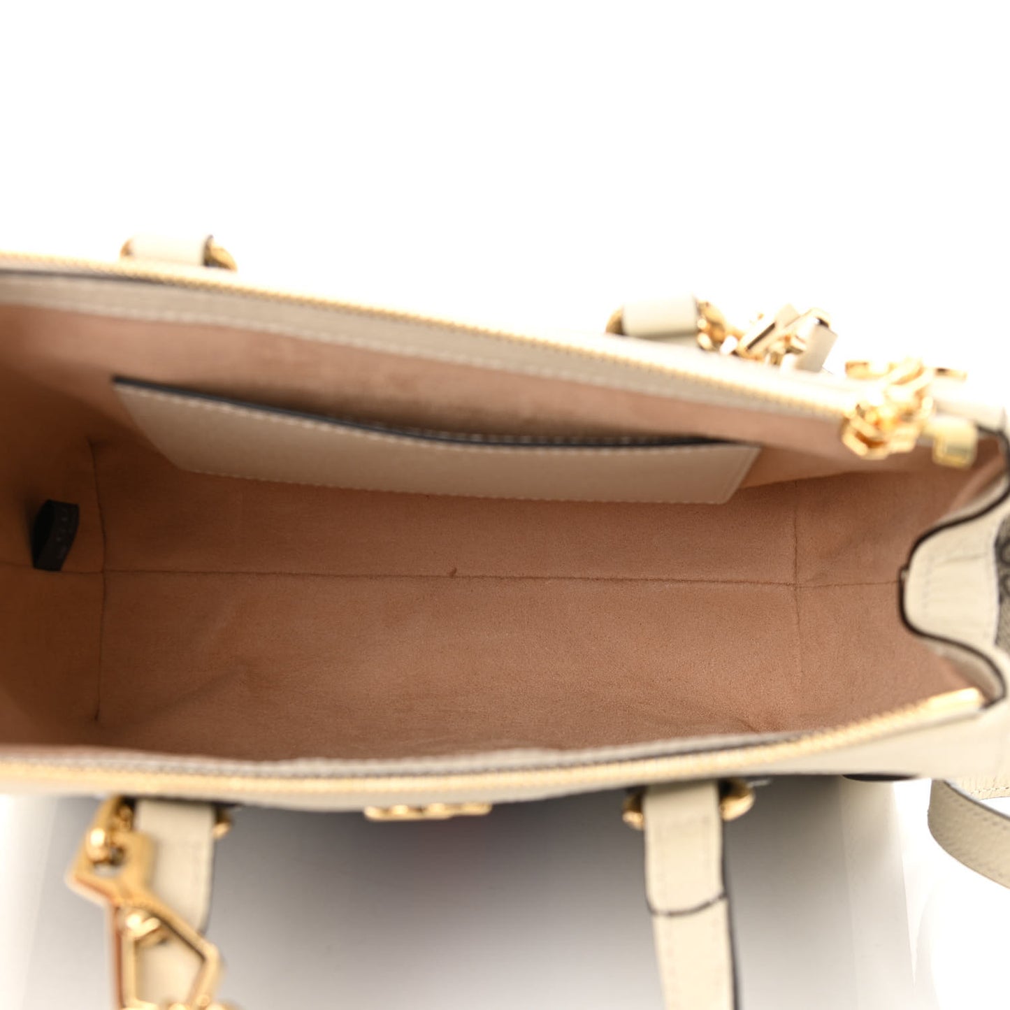 GG Supreme Monogram Textured Dollar Calfskin Web Small Ophidia Tote Bag Beige Ebony Mystic White
