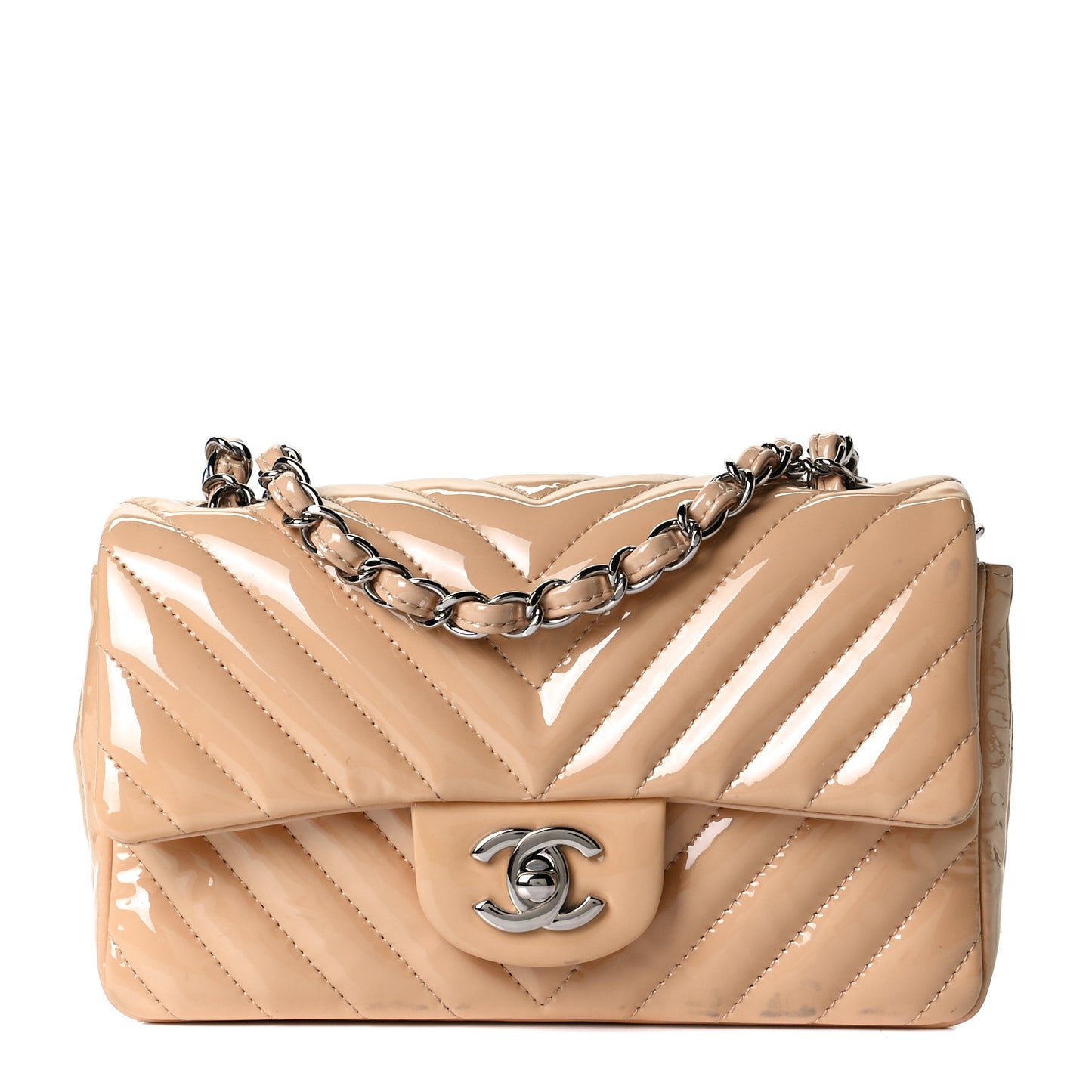 Patent Chevron Quilted Mini Rectangular Flap Beige