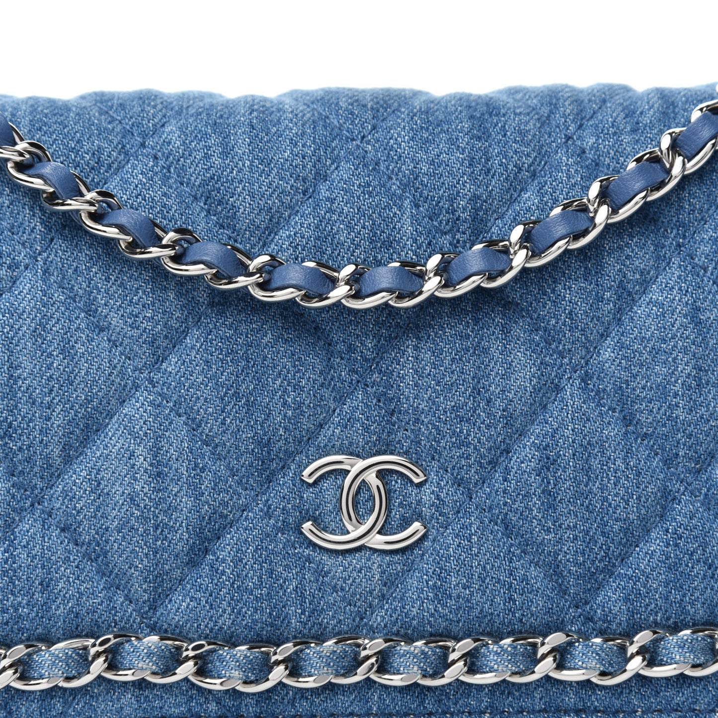 Denim Quilted Chain Around Wallet on Chain WOC Blue