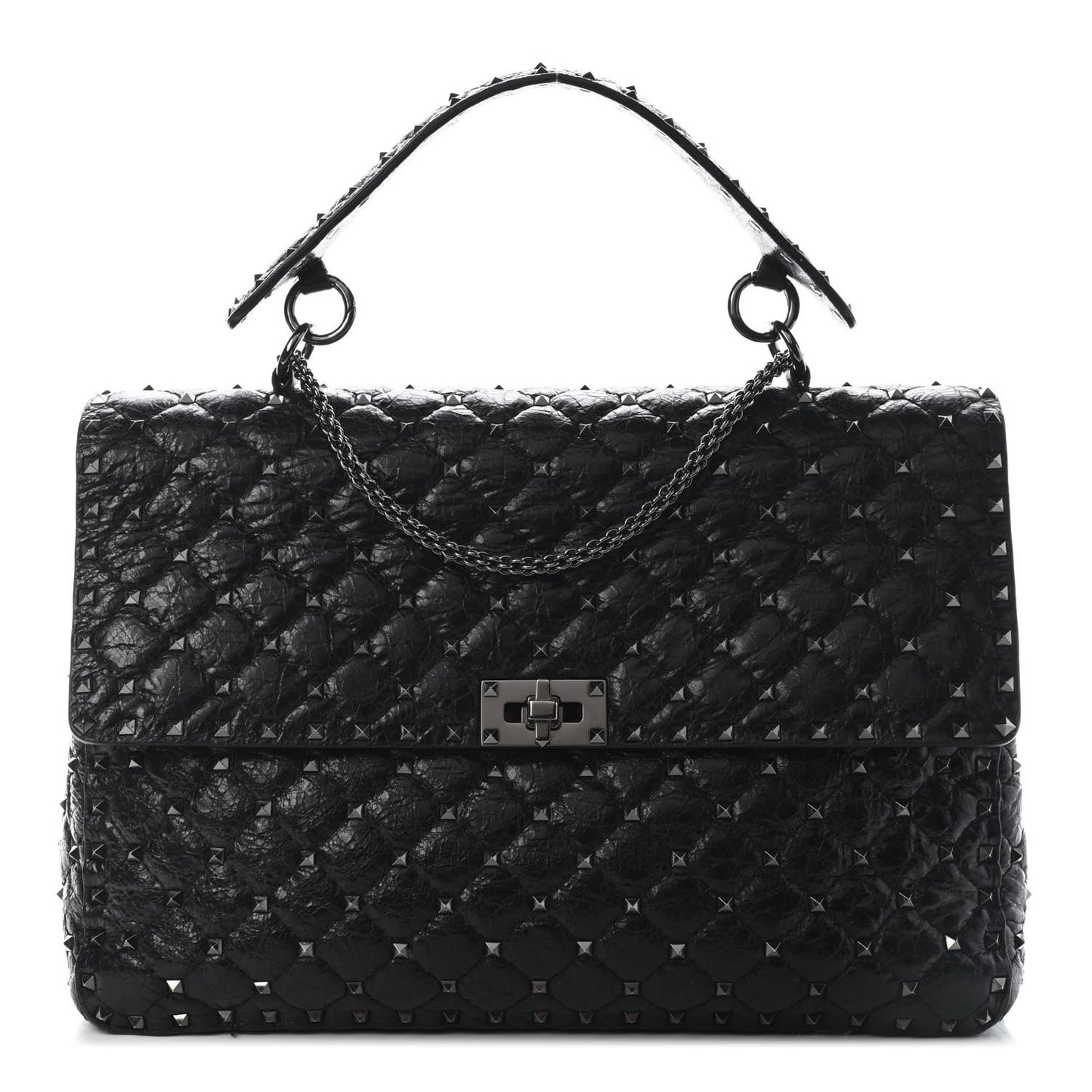 Craquele Nappa Large Rockstud Spike Shoulder Bag Black