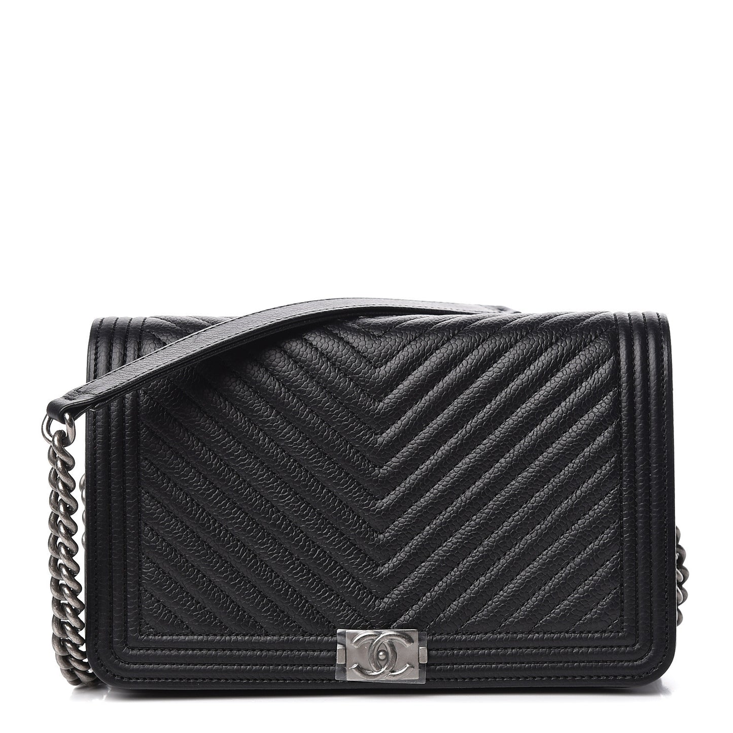 Grained Calfskin Chevron Quilted Boy Wallet On Chain WOC Black
