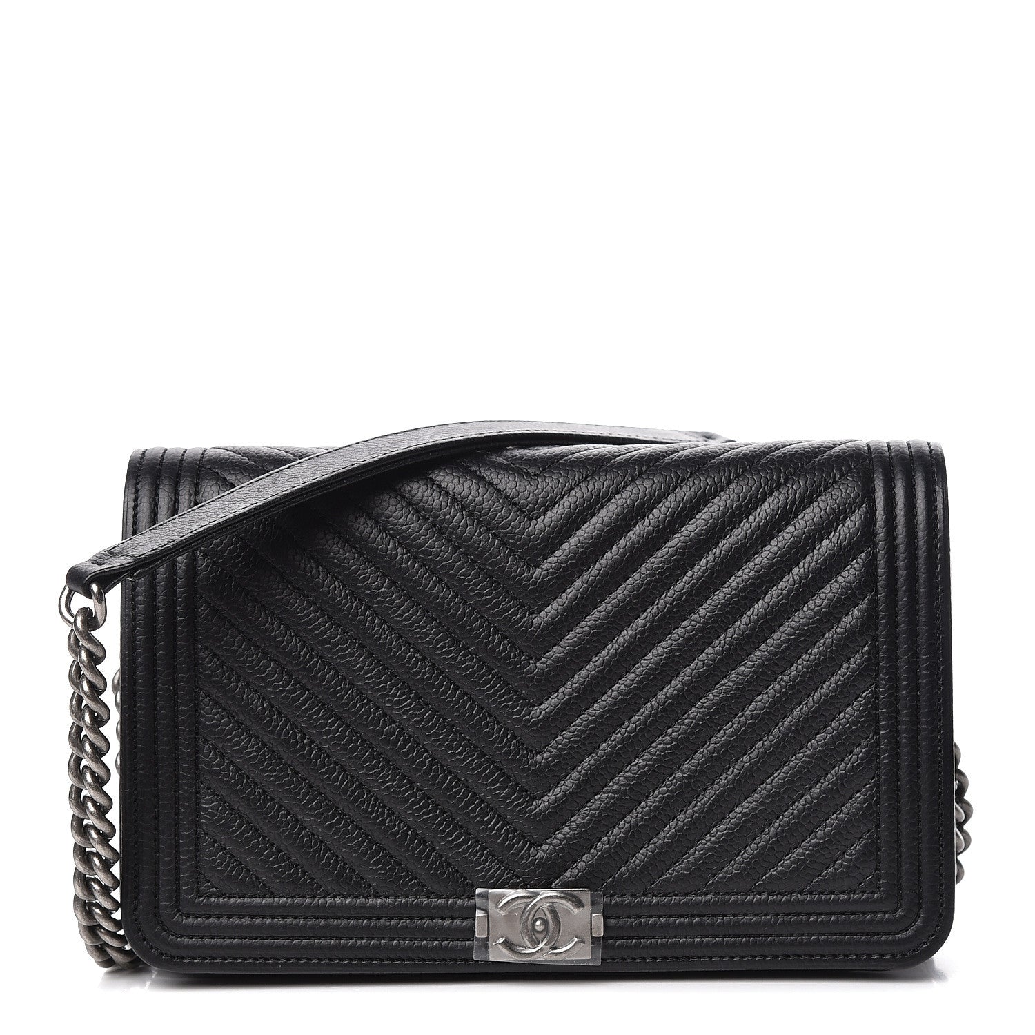 Chanel Grained Calfskin Chevron Quilted Boy Wallet On Chain WOC Black 1 of 14