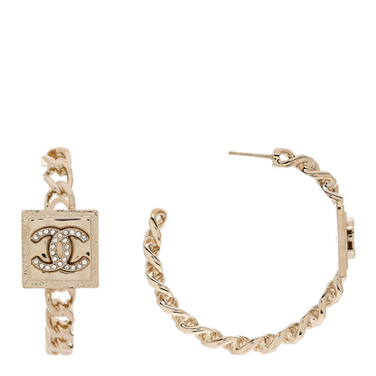 Chanel Metal Crystal CC Square Chain Hoop Earrings Gold 1 of 5