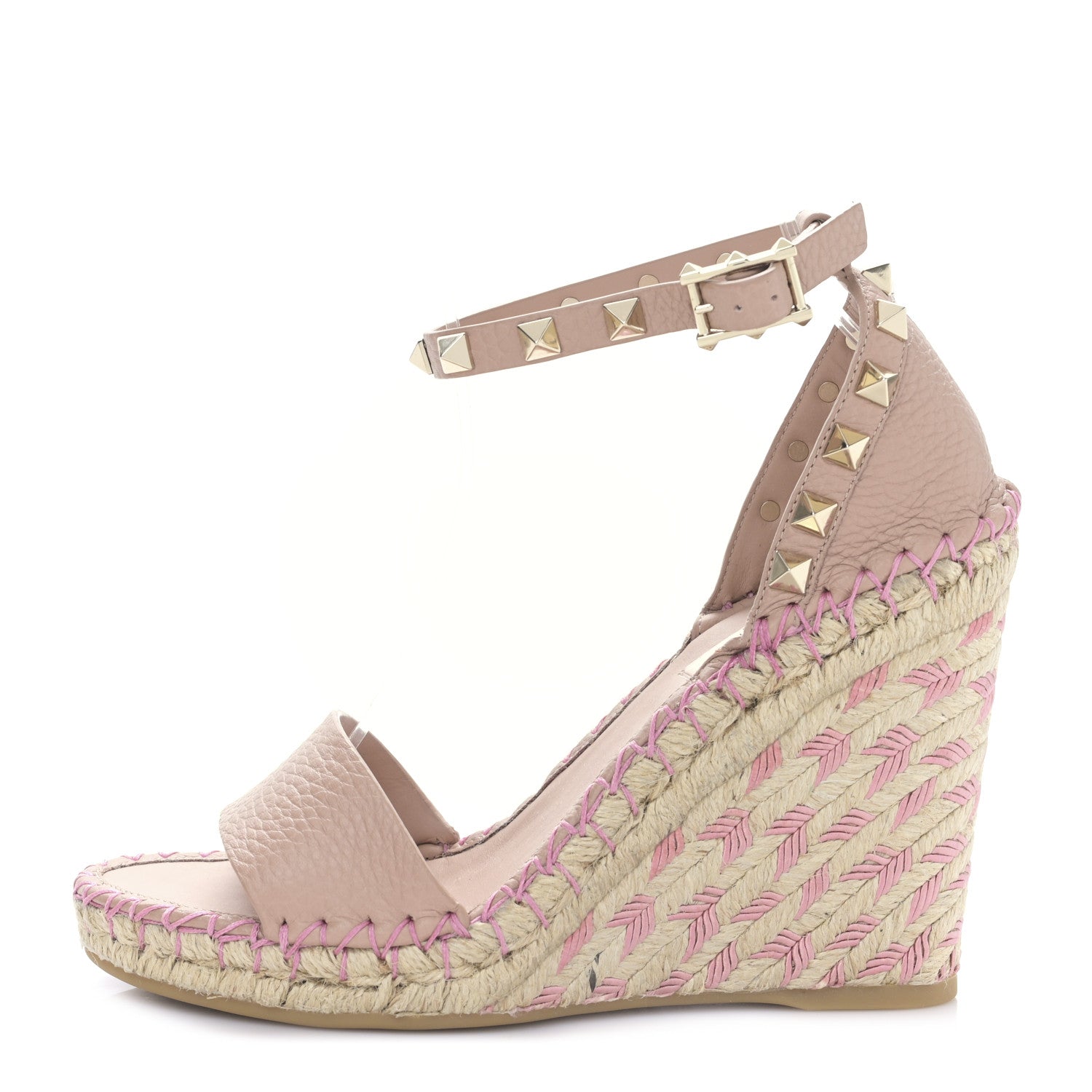 Valentino Garavani Grained Calfskin Rockstud Ankle Strap Espadrille 15/105mm Wedge Sandals 35 Rose Cannelle Natural 1 of 10