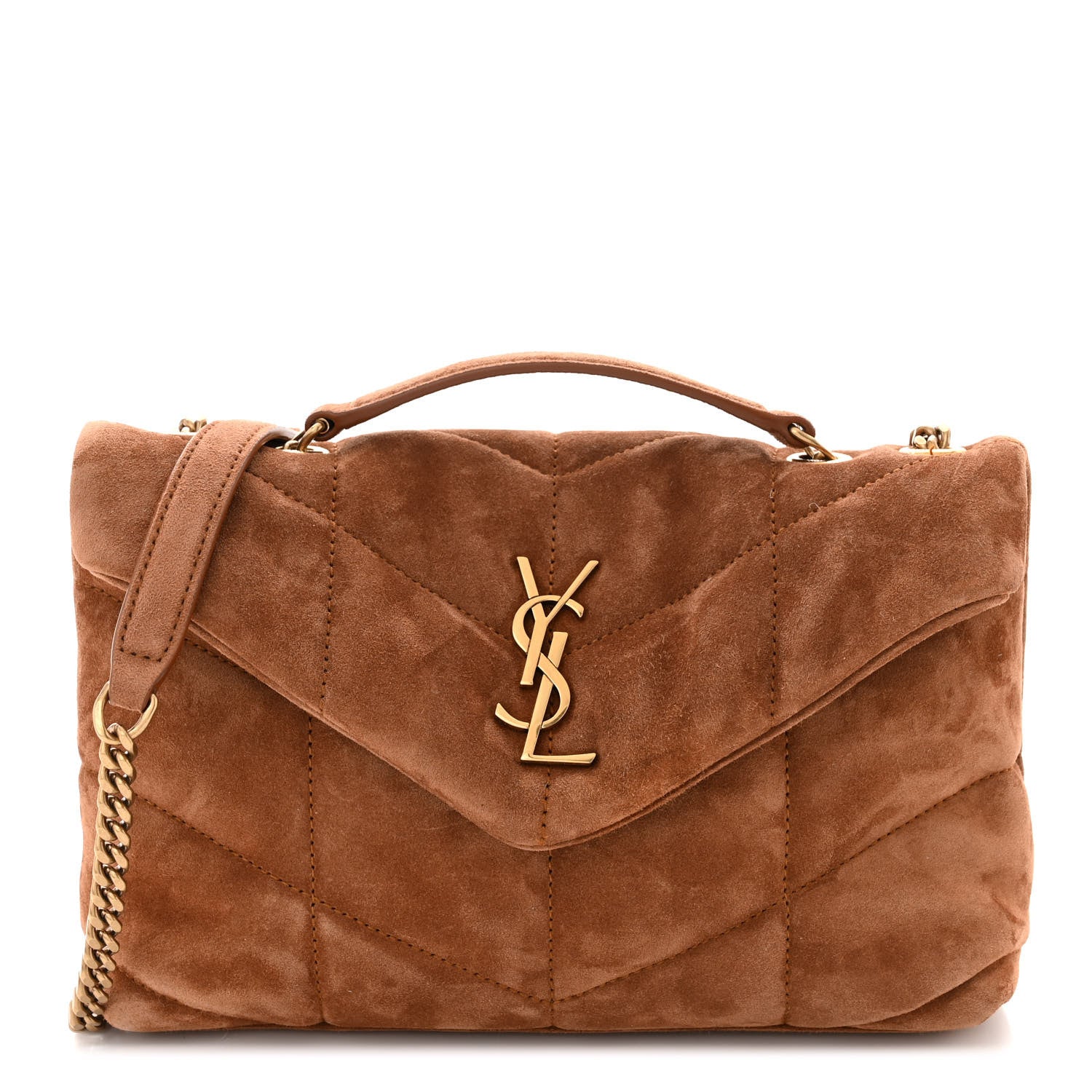 Saint Laurent Suede Calfskin Quilted Toy Loulou Puffer Monogram Chain Satchel Cinnamon 1 of 10