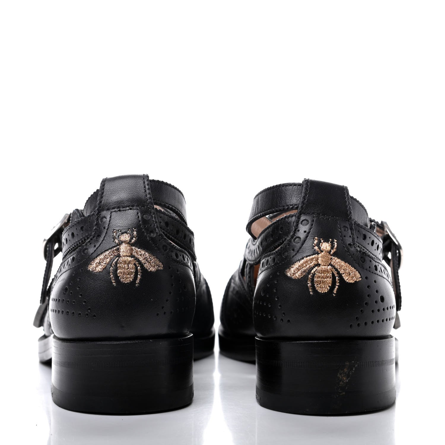Gucci Calfskin Bee Embroidered Womens Queercore Brogue Wingtip Monk Strap Loafers 39 Black 6 of 13