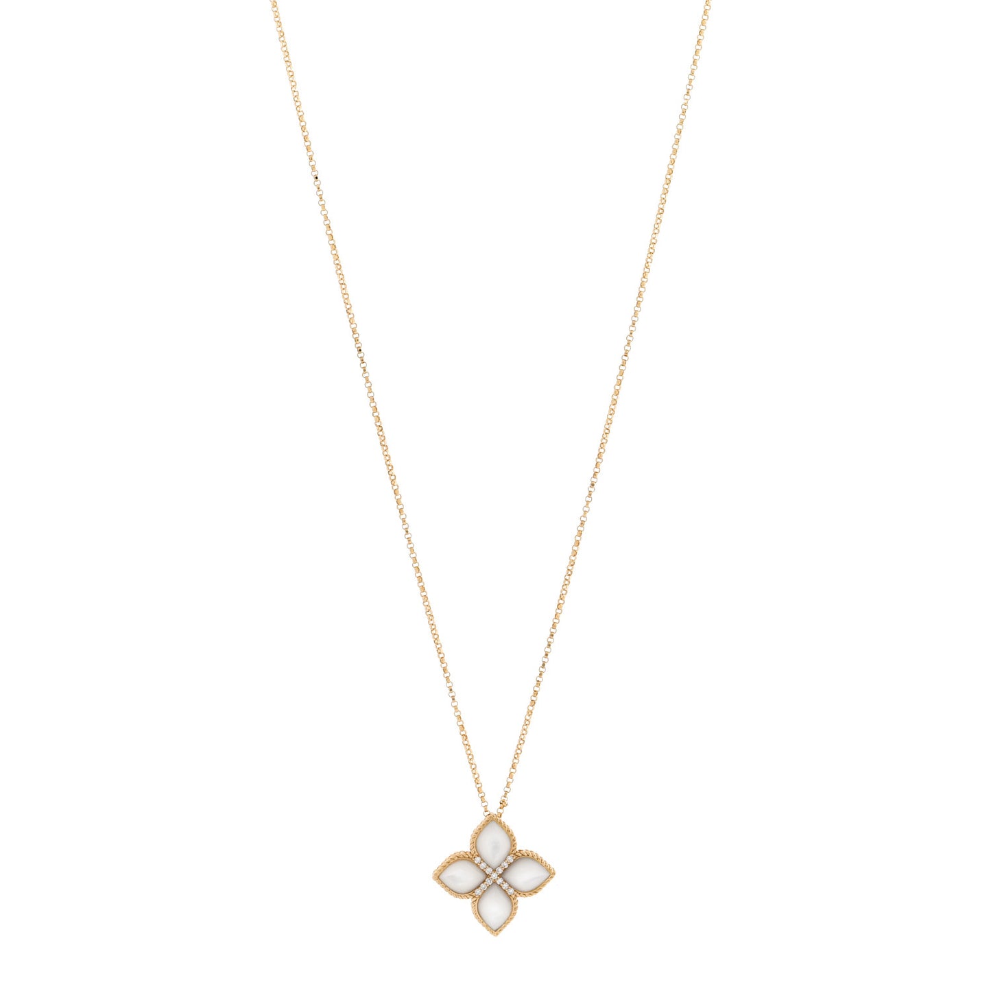 18K Yellow Gold Diamond Mother of Pearl Venetian Princess Medium Flower Pendant Necklace
