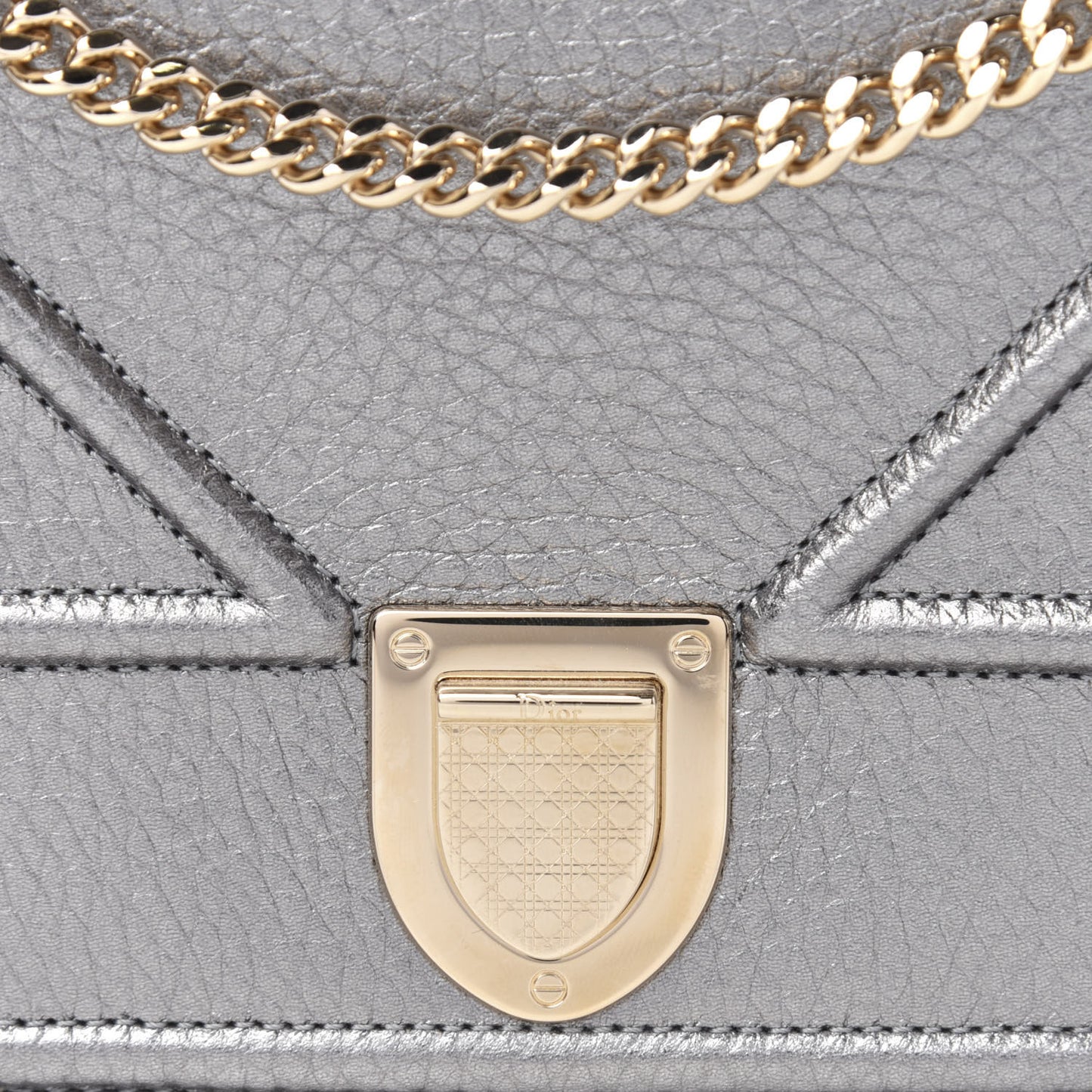 Metallic Grained Calfskin Diorama Wallet on Chain Pouch Silver