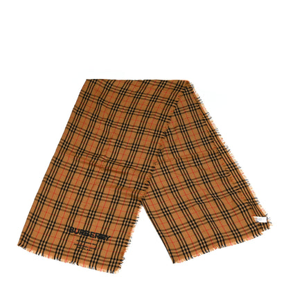 Burberry Cashmere Lightweight Logo Embroidered Vintage Check Fringe Scarf Camel 2 of 3
