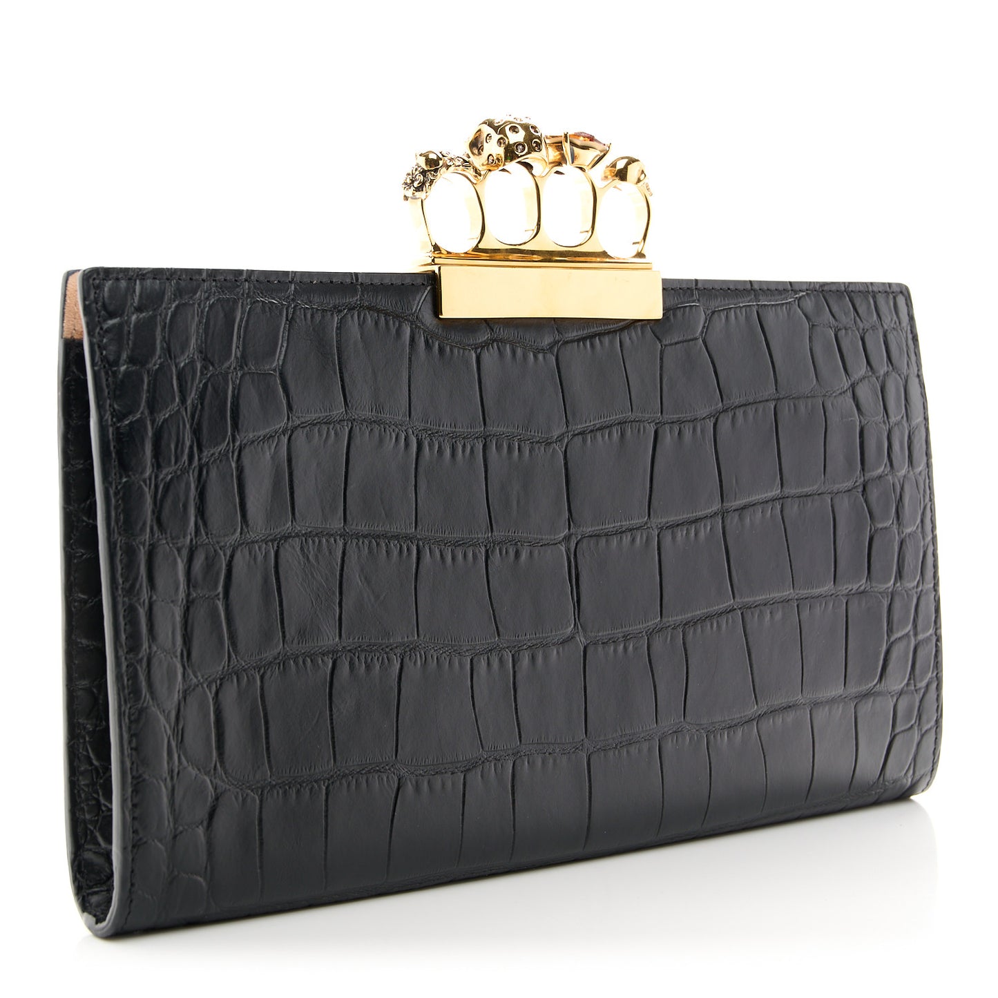 Calfskin Crocodile Embossed Knuckle Flat Clutch Black Gold