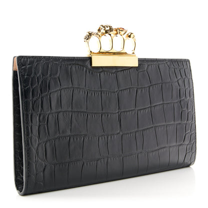 Alexander McQueen Calfskin Crocodile Embossed Knuckle Flat Clutch Black Gold 3 of 10
