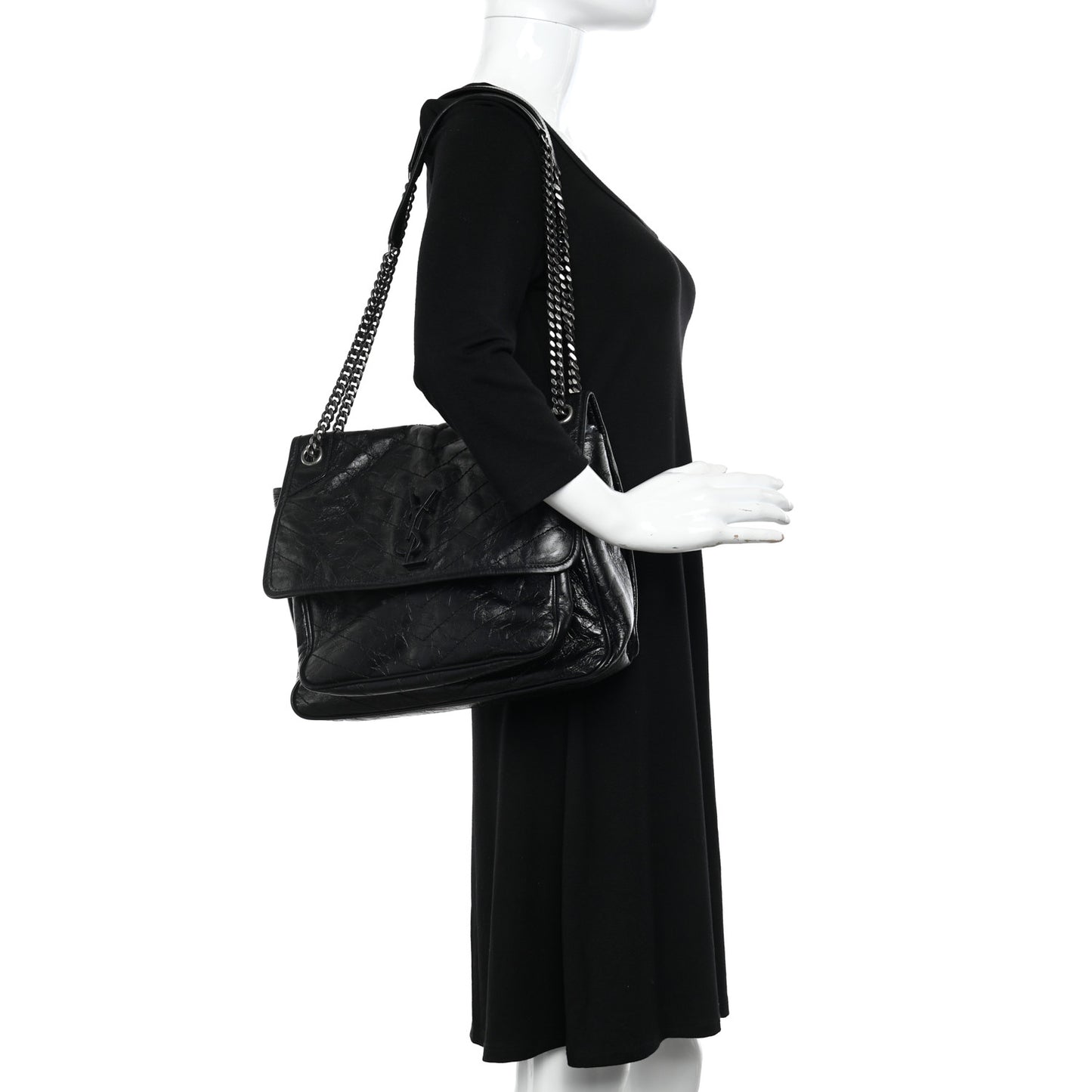Crinkled Calfskin Matelasse Monogram Large Niki Chain Satchel Black