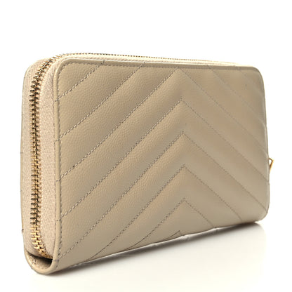 Saint Laurent Grain De Poudre Matelasse Chevron Monogram Zip Around Wallet Dark Beige 3 of 13
