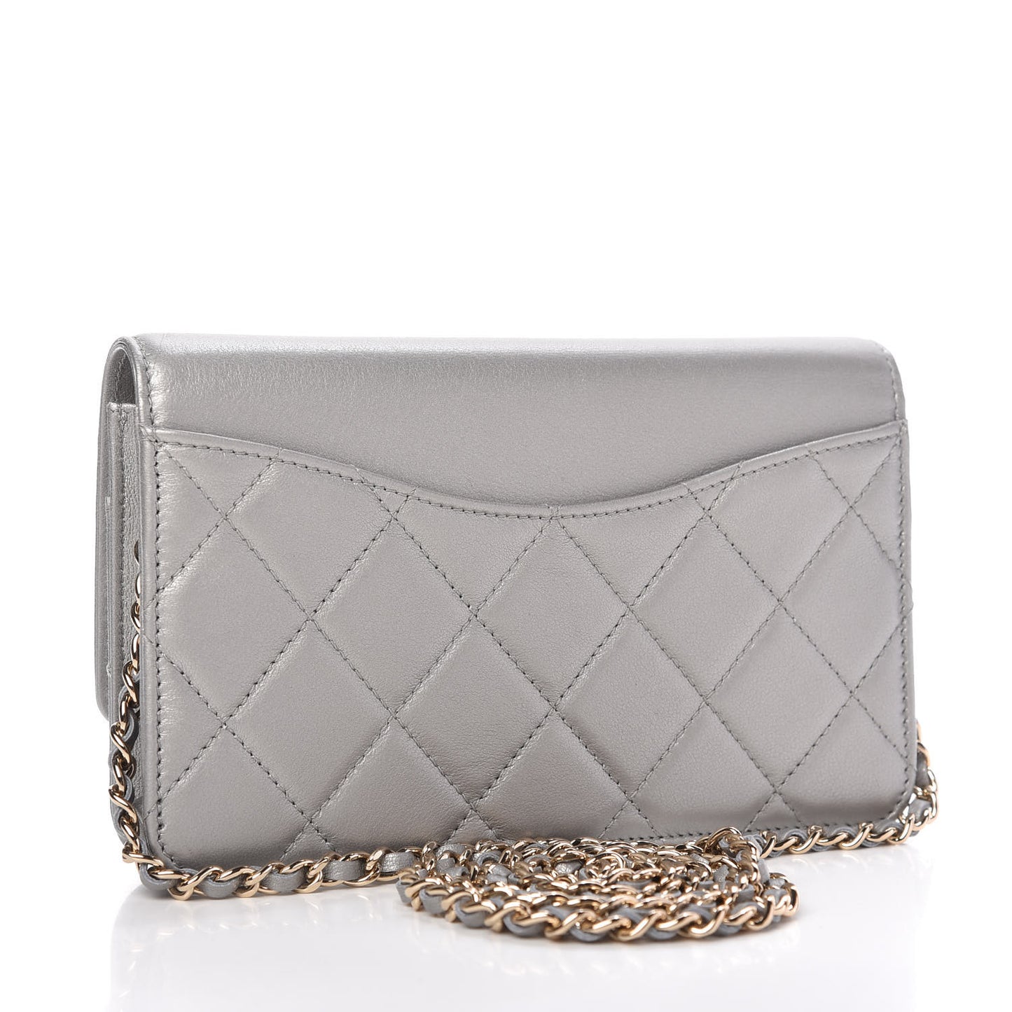 Metallic Goatskin Quilted Timeless CC Wallet On Chain WOC Silver