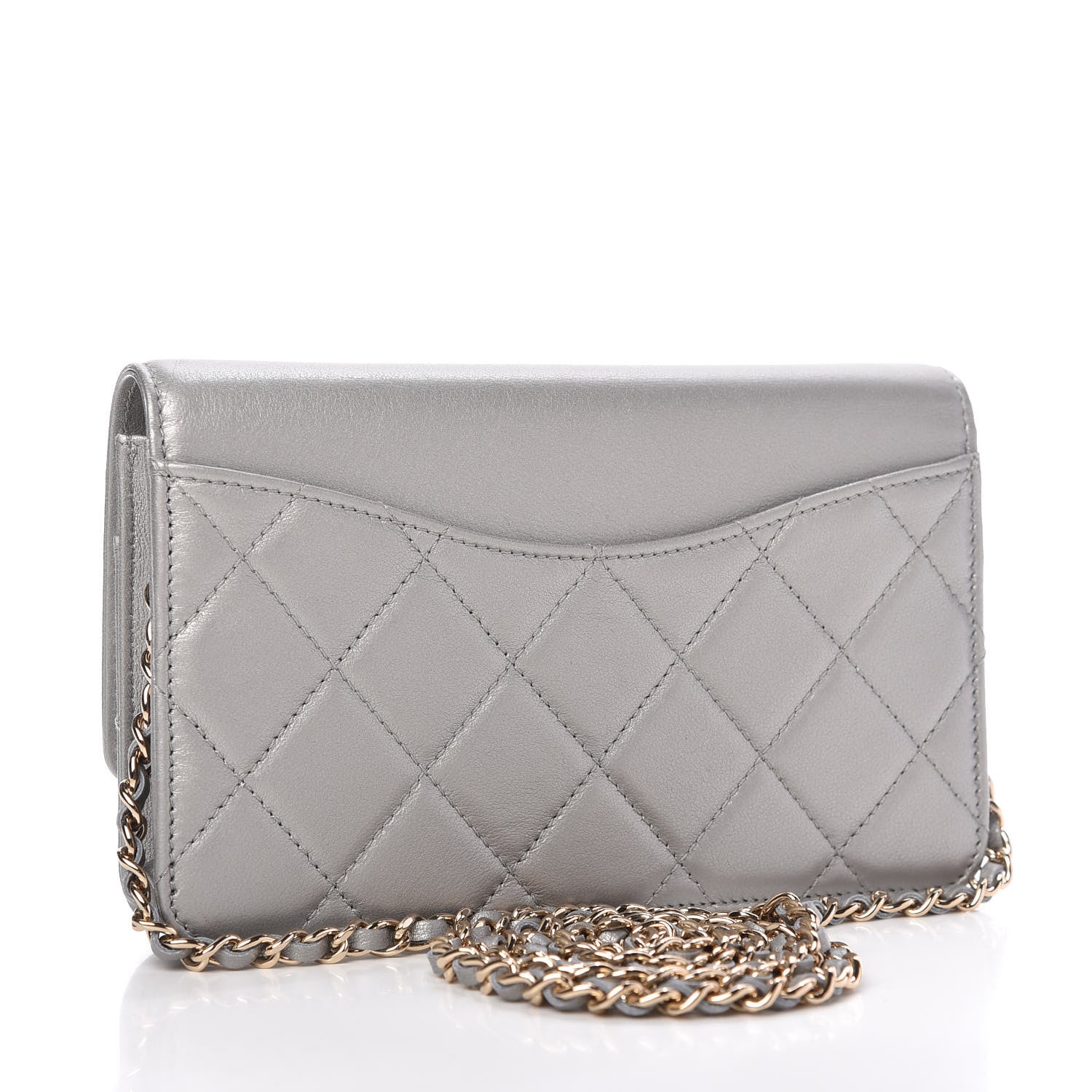 Chanel Metallic Goatskin Quilted Timeless CC Wallet On Chain WOC Silver 3 of 12