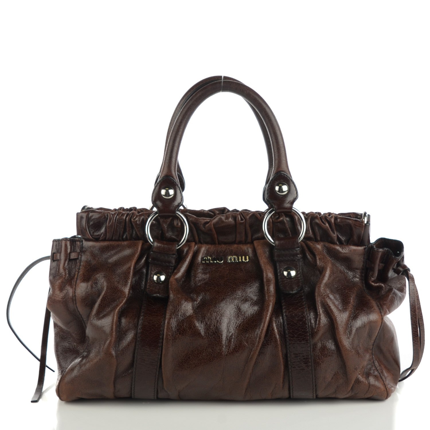 Miu Miu Vitello Lux Gathered Tote Dark Brown 1 of 8