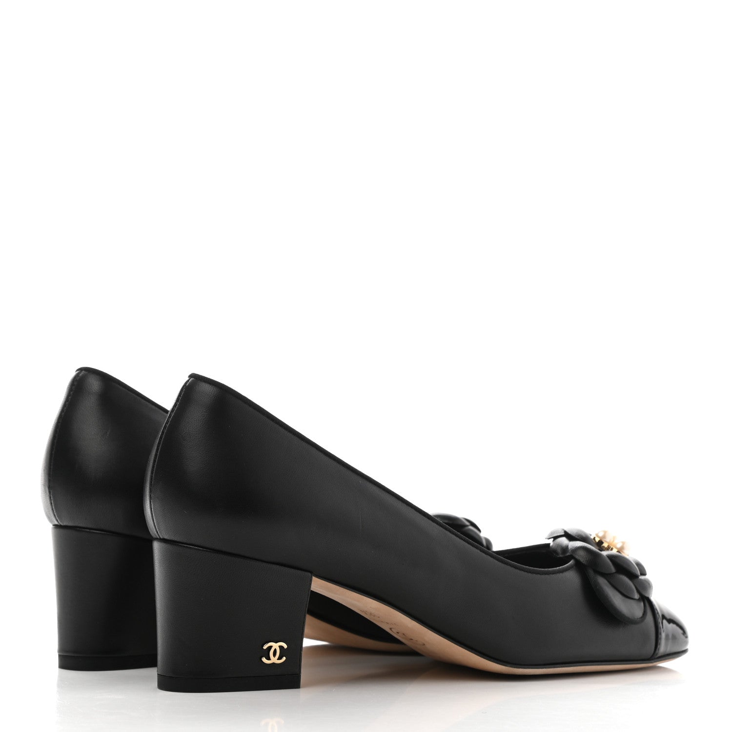 Chanel Lambskin Patent Calfskin Pearl Camellia Cap Toe Pumps 38.5 Black 4 of 16